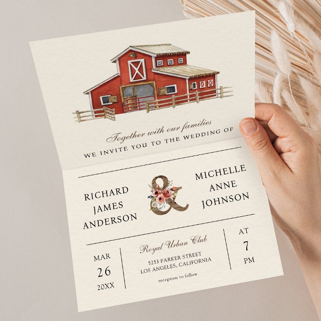 Rustic Red Barn Country Farm QR Code Wedding Inbjudan (Skapare uppladdad)