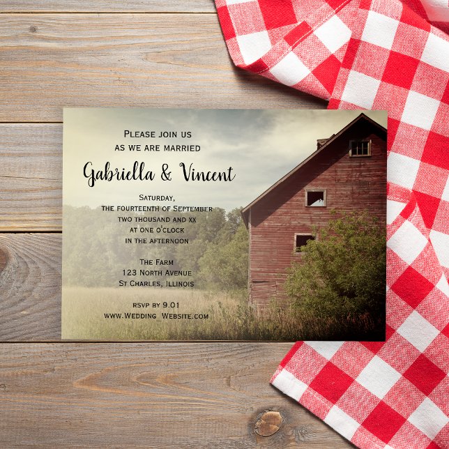 Rustic Red Barn Landsbyggsbröllop Inbjudningar (Invite guests to your rustic marriage ceremony with the Red Barn Country Wedding Invitation.)