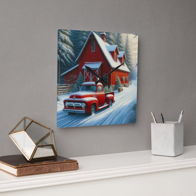 Rustic Red Barn och Vintage Lastbil Fyrkantig Klocka (Kontor)