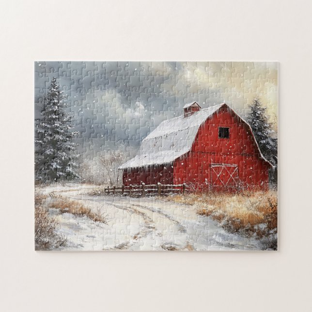 Rustic Red Barn Winter Scenia Art Pussel (Horisontell)