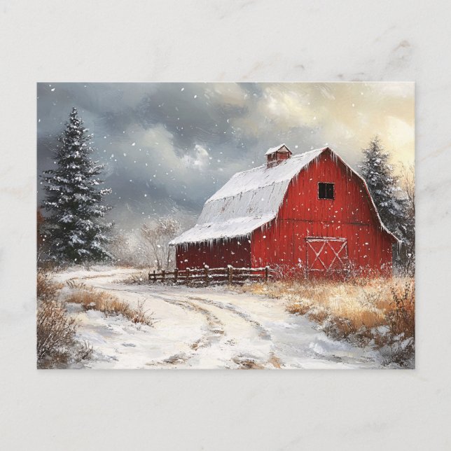 Rustic Red Barn Winter Scenia Art Vykort (Framsida)