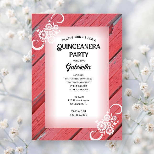 Rustic Red Barn Wood Blommigt Farm Quinceanera Par Inbjudningar (Skapare uppladdad)