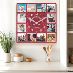 Rustic Red Barn Wood Farmhouse 12 Photo Collage Fyrkantig Klocka<br><div class="desc">Rustic Red Barn Wood Farmhouse 12 Photo Collage Square Wall Clock. Namn-år i stora,  vackra,  vita vintagar av trä av  med personlig har fastställt väggdäcksklockan. Träplattan i perfekt land letar efter ett hem eller ett kök.</div>