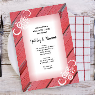 Rustic Red Barn Wood White Flower Rehearsal Middag Inbjudningar