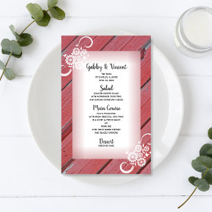 Rustic Red Barn Wood White Flowers Bröllop Menu