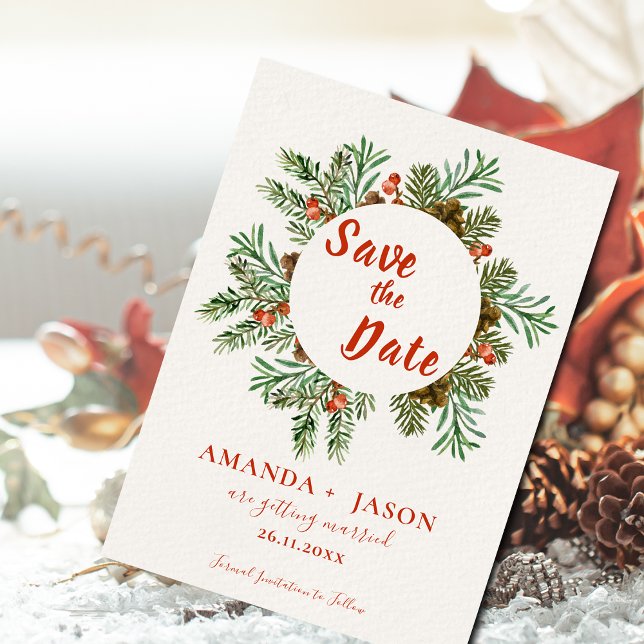 Rustic Red Berries jul Bröllop spara datum (Rustic Red Berries Christmas Wedding Save the Date)