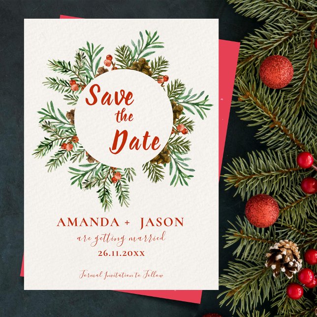 Rustic Red Berries jul Bröllop spara datum (Rustic Red Berries Christmas Wedding Save the Date)