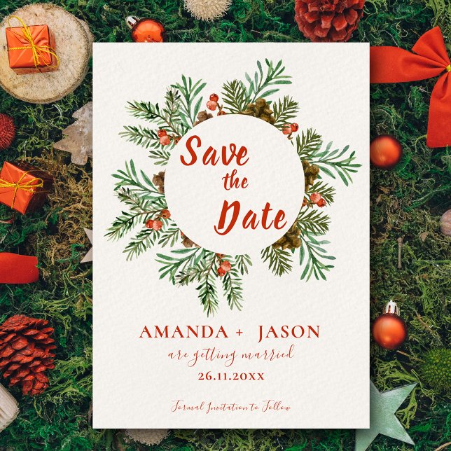 Rustic Red Berries jul Bröllop spara datum Vykort (Rustic Red Berries Christmas Wedding Save the Date Postcard)