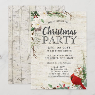 Rustic Red Bird Winter Greenery Birch Party Inbjudningar