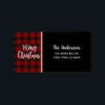 Rustic Red Black Buffalo check God jul Adressetikett<br><div class="desc">Den här designen börjar med en rustik röd och svart buffelbakgrund som är utmärkt som julbakgrund. I en vit handskriven typografi finns ord God jul på den yttersta lämnat sidan. På högernas sida är trendiget svart med vit text. Lägg till egna namn och adress med hjälp av textmallen. Konstruktionsfrågor besvaras...</div>