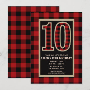 Rustic Red Black Buffalo Plaid 10-års födelsedagsf Inbjudningar
