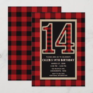 Rustic Red Black Buffalo Plaid 14:e 14 Födelsedag Inbjudningar