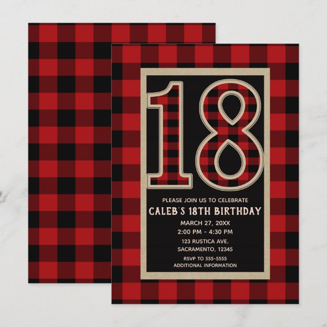Rustic Red Black Buffalo Plaid 18-årsdag Inbjudningar (Fram/baksida)