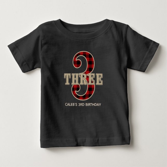 Rustic Red Black Buffalo Play 3rd Birthday Party T-shirt (Framsida)