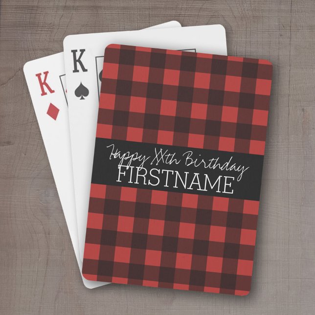 Rustic Red & Black Buffalo Play-Födelsedagsfest Spelkort (Personalized playing cards - Fun Birthday Design)