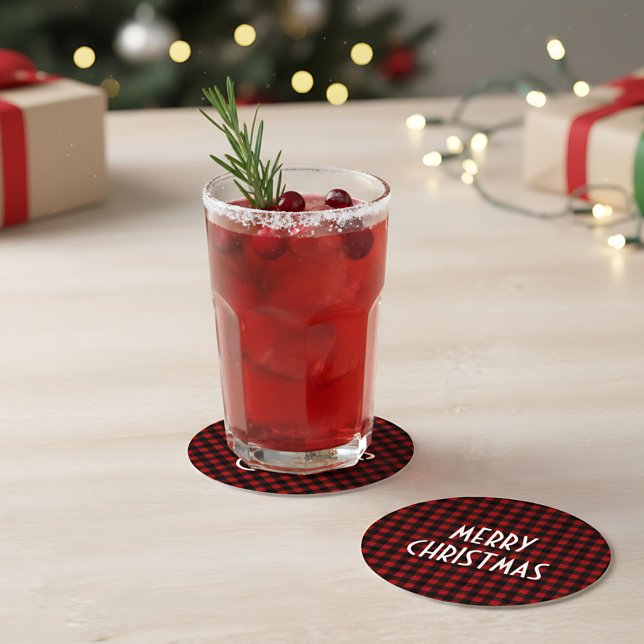 Rustic Red & Black Buffalo Play God jul Underlägg Papper Rund (Skapare uppladdad)