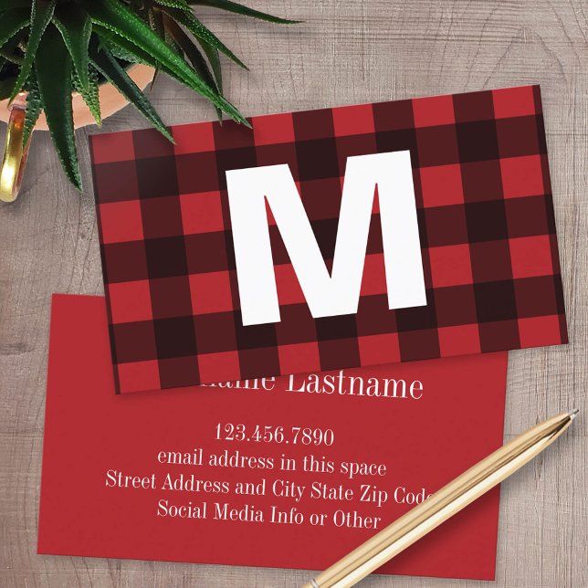 Rustic Red & Black Buffalo Play Mönster Monogram (Custom Business Card)