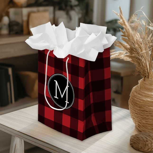 Rustic Red & Black Buffalo Play Mönster Monogram (Custom Gift Bag)