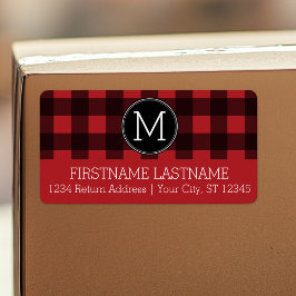 Rustic Red Black Buffalo Play Mönster Monogram Adressetikett