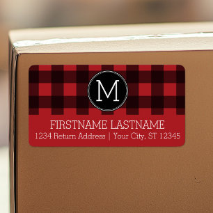 Rustic Red Black Buffalo Play Mönster Monogram Adressetikett