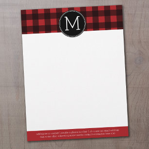 Rustic Red & Black Buffalo Play Mönster Monogram Brevhuvud
