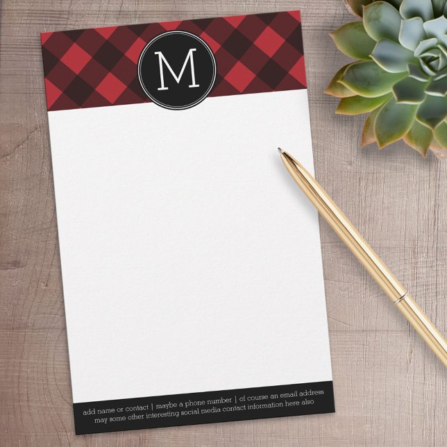 Rustic Red Black Buffalo Play Mönster Monogram Brevpapper (Personalized Stationery)