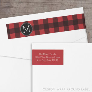 Rustic Red & Black Buffalo Play Mönster Monogram Etikettband