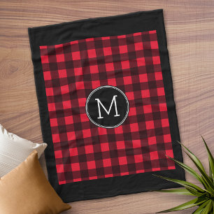 Rustic Red Black Buffalo Play Mönster Monogram Fleecefilt