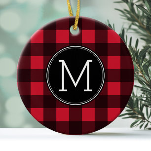 Rustic Red & Black Buffalo Play Mönster Monogram Julgransprydnad Keramik