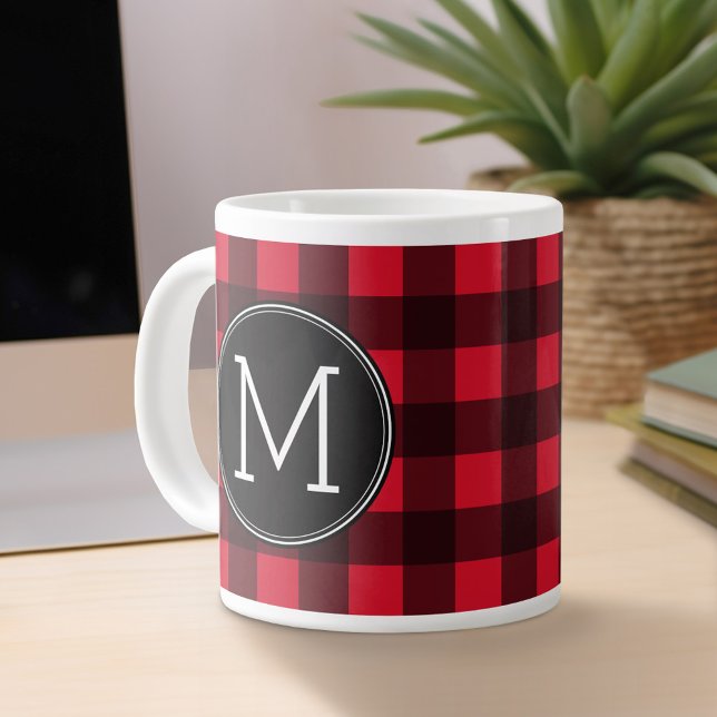 Rustic Red & Black Buffalo Play Mönster Monogram Jumbo Mugg (Personalized mug)