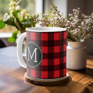 Rustic Red Black Buffalo Play Mönster Monogram Kaffemugg