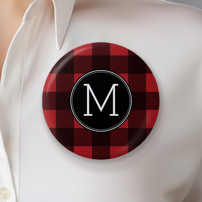Rustic Red & Black Buffalo Play Mönster Monogram Knapp (Custom Button with Monogram)