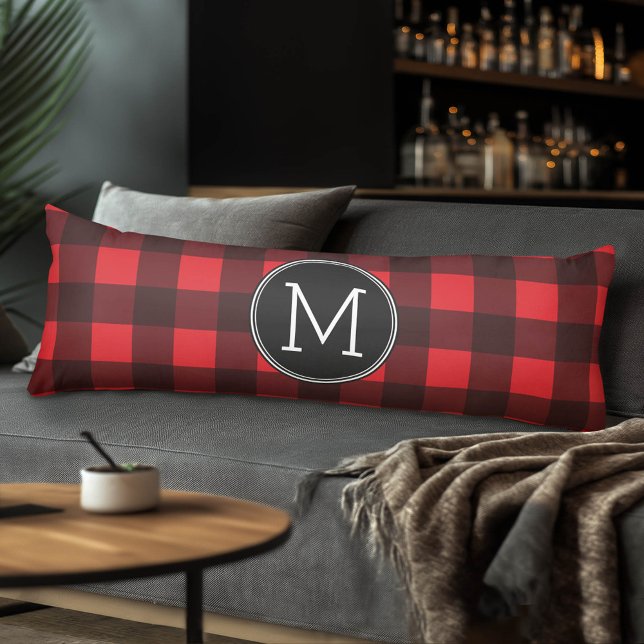 Rustic Red & Black Buffalo Play Mönster Monogram Kroppskudde (Custom Body Pillow)