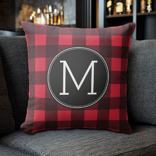 Rustic Red & Black Buffalo Play Mönster Monogram Kudde