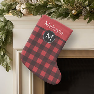 Rustic Red Black Buffalo Play Mönster Monogram Liten Julstrumpa