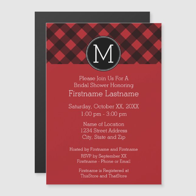 Rustic Red & Black Buffalo Play Mönster Monogram Magnetisk Inbjudningskort (Fram/baksida)