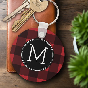 Rustic Red & Black Buffalo Play Mönster Monogram Nyckelring
