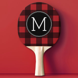 Rustic Red & Black Buffalo Play Mönster Monogram Pingisracket