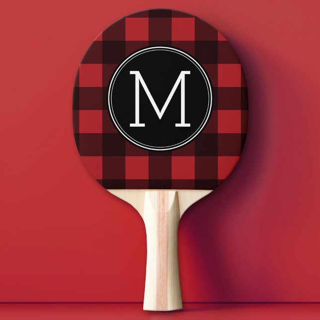Rustic Red & Black Buffalo Play Mönster Monogram Pingisracket (Custom Ping Pong Paddle)
