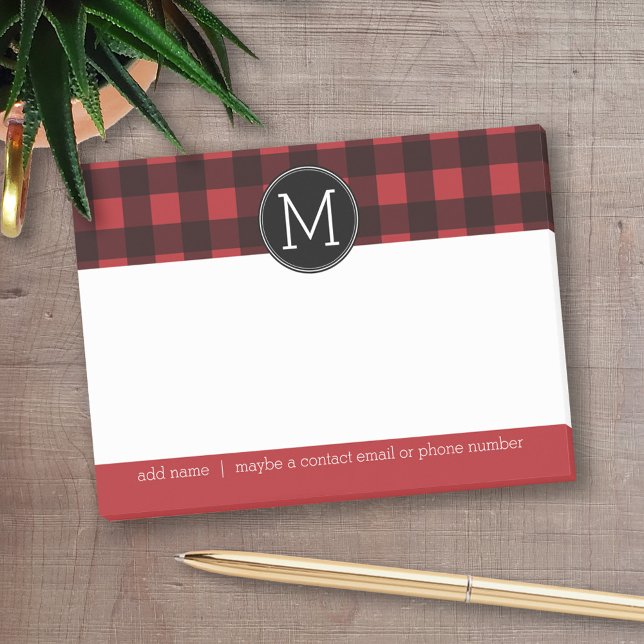 Rustic Red & Black Buffalo Play Mönster Monogram Post-it Block (Personalized post-it notes - add your name and other text)