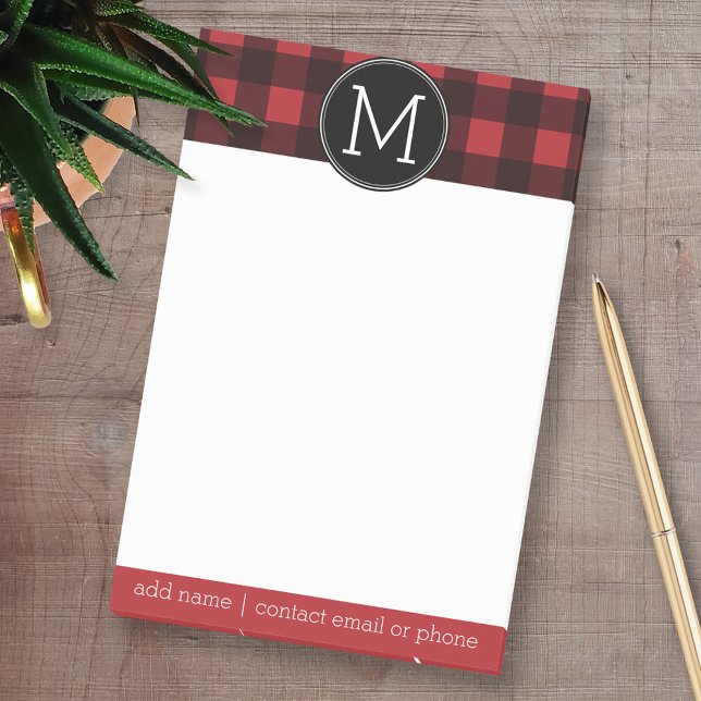 Rustic Red & Black Buffalo Play Mönster Monogram Post-it Block (Custom Post-it Note Pads - Add your name and other text)