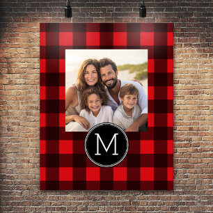 Rustic Red & Black Buffalo Play Mönster Monogram Poster