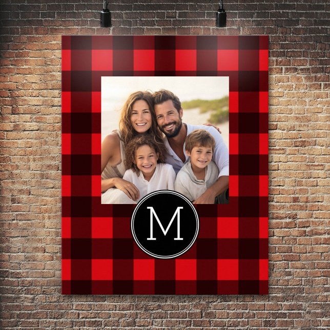 Rustic Red & Black Buffalo Play Mönster Monogram Poster (Personalized Poster - Add your photos and text)