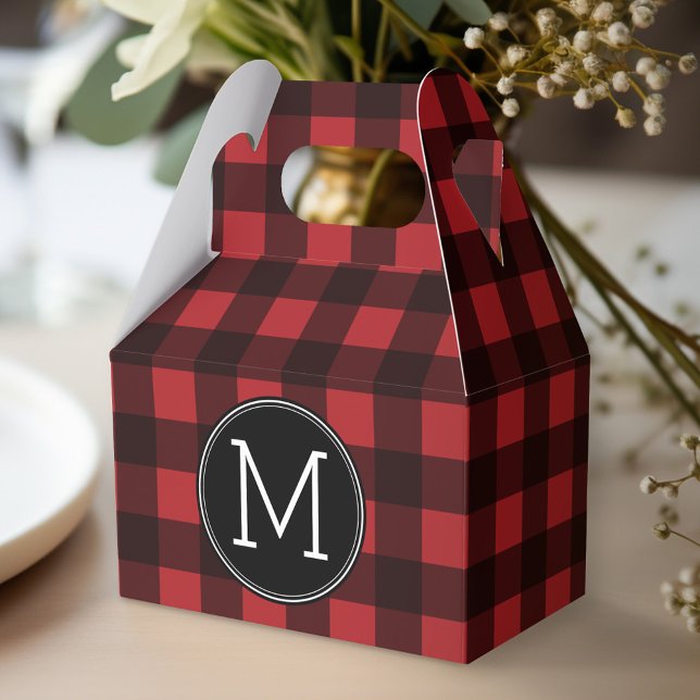 Rustic Red & Black Buffalo Play Mönster Monogram Presentaskar (Personalized favor box - monogram buffalo plaid)