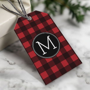 Rustic Red & Black Buffalo Play Mönster Monogram Presentetikett