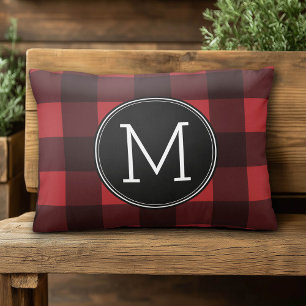 Rustic Red & Black Buffalo Play Mönster Monogram Prydnadskudde