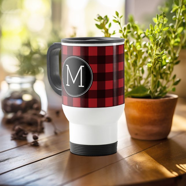 Rustic Red & Black Buffalo Play Mönster Monogram Resemugg (Personalized travel mug - add photos and text or customize completely)