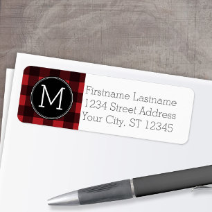 Rustic Red Black Buffalo Play Mönster Monogram Returadress Etikett