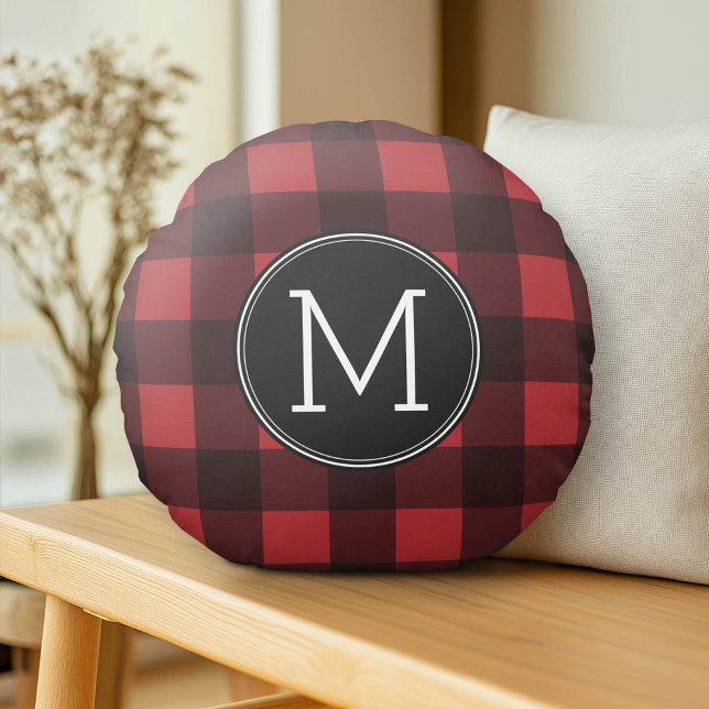 Rustic Red & Black Buffalo Play Mönster Monogram Rund Kudde (Custom Pillow)
