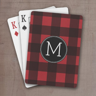 Rustic Red & Black Buffalo Play Mönster Monogram Spelkort